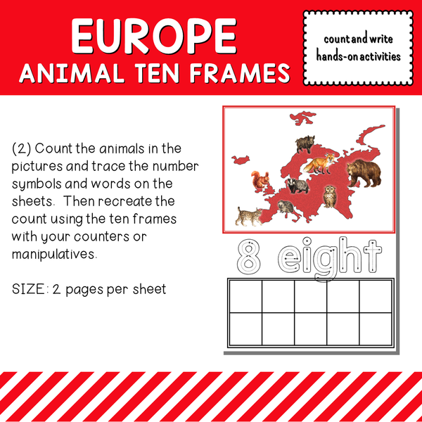 Europe Animals Ten Frames Count and Write Activities